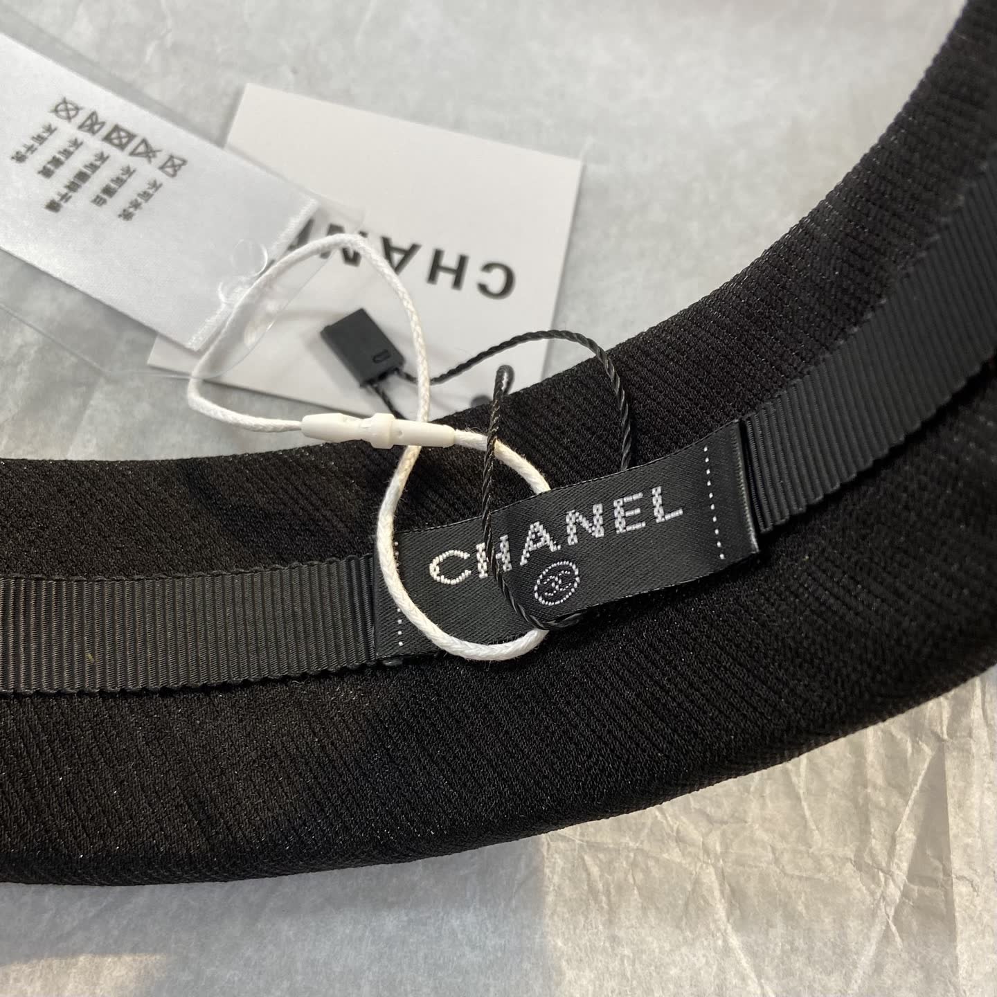 Chanel Black Satin Headband with Gold Logo